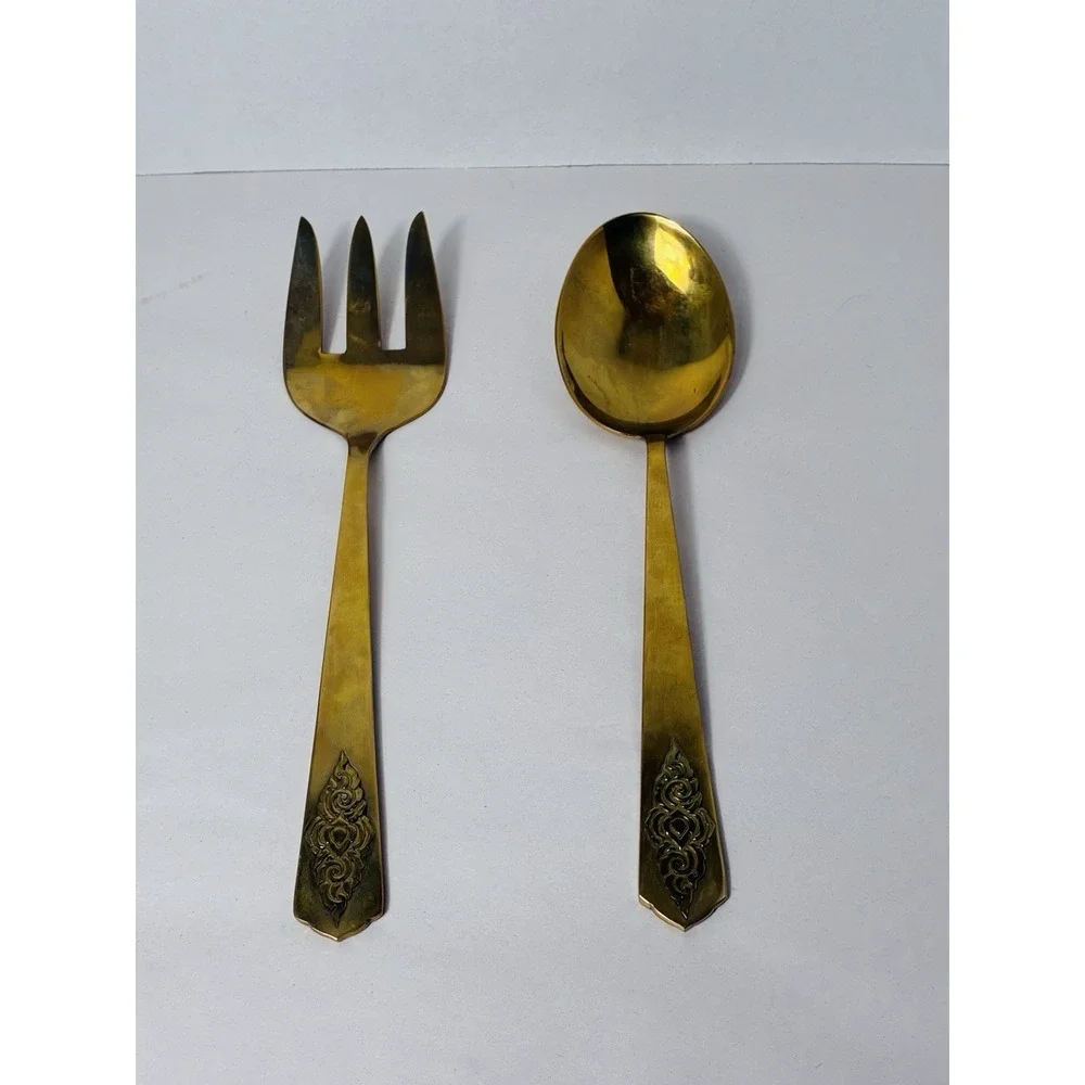 Vintage Star Of Siam Bronze Ware Serving Spoon & Fork In Wooden Box Serving